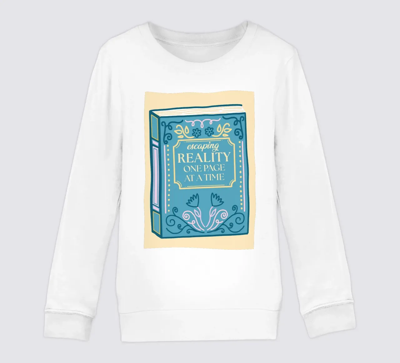 Whimsical Book Art – Escaping Reality Quote Poster kids sweatshirt by vintagepod