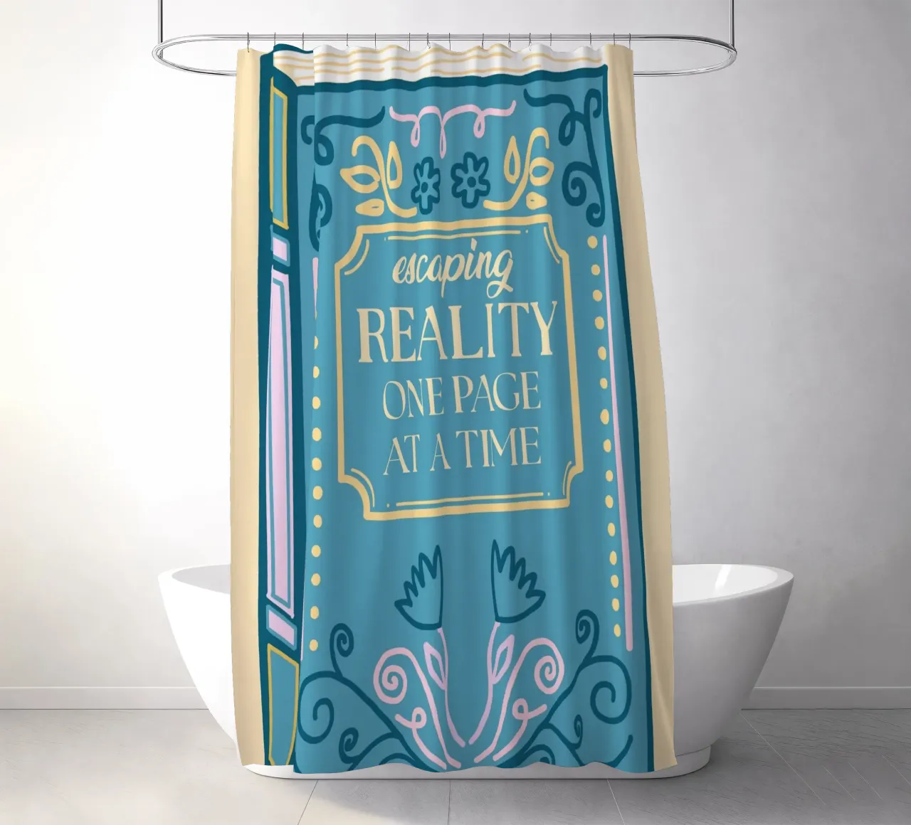Whimsical Book Art – Escaping Reality Quote Poster shower curtain by vintagepod