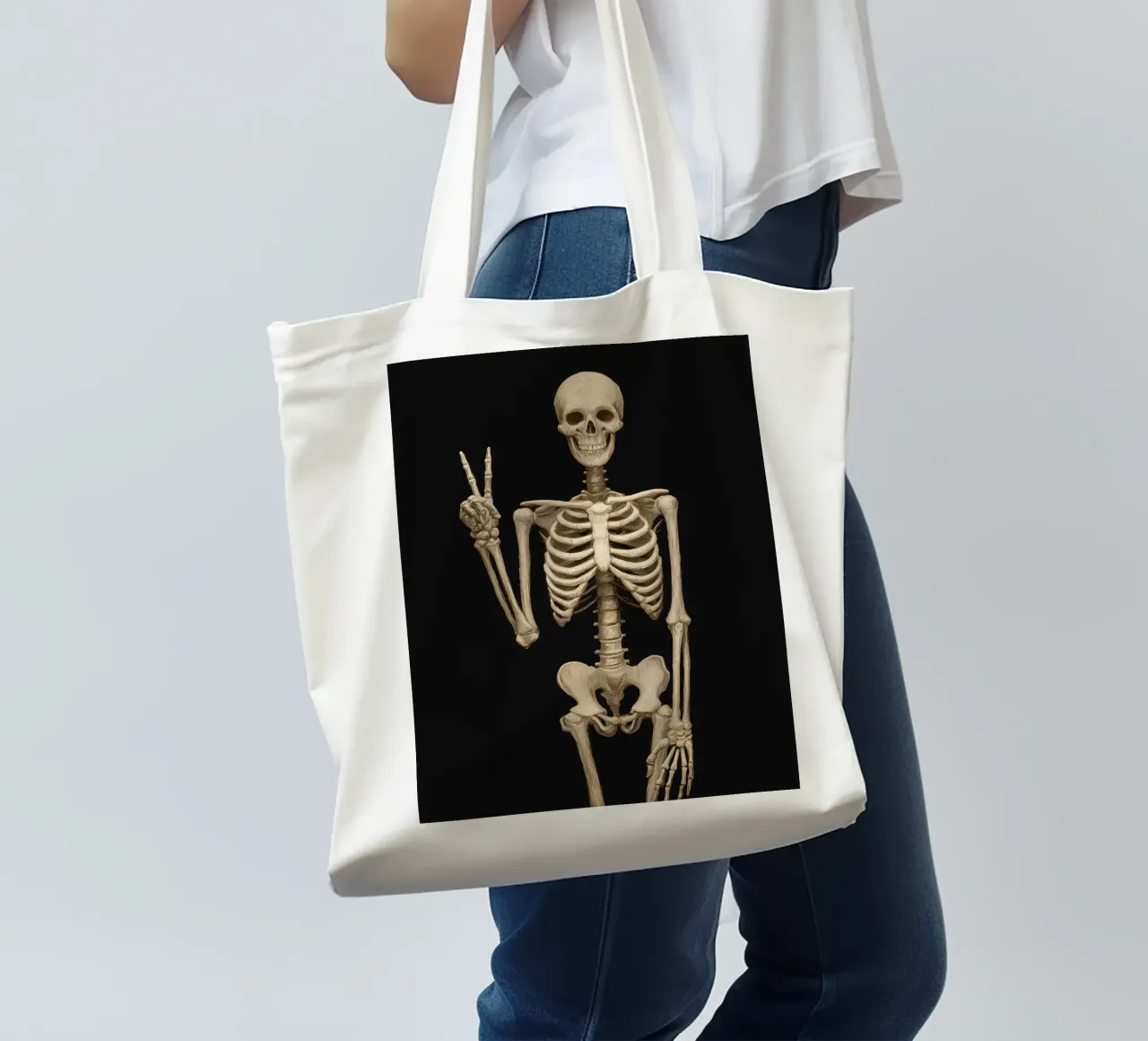 Scheletro con segno di pace borsa in juta da IamHomeStudio