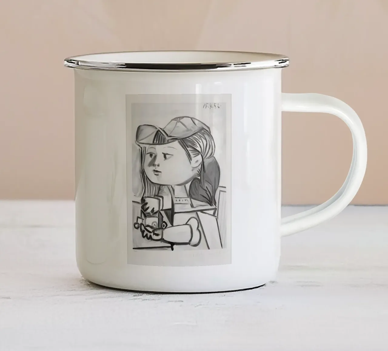 Picasso "Ragazza con cappello" Stampa ritratto in bianco e nero tazza in smalto da homdeco