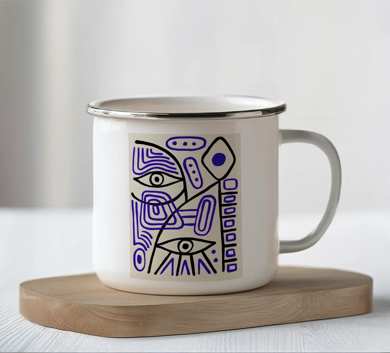 Arte astratta "Occhi geometrici" ispirata a Picasso tazza in smalto da homdeco