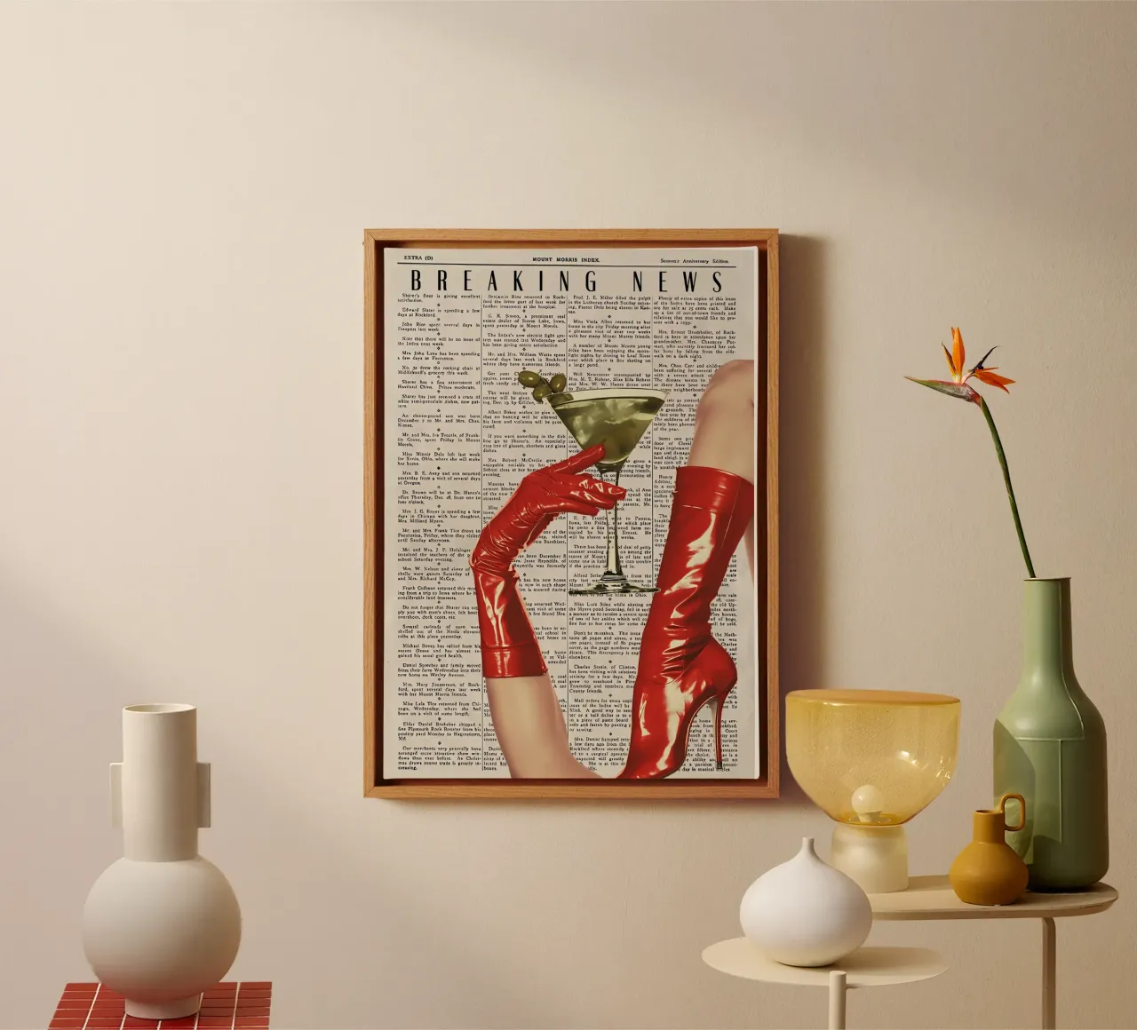 "Breaking News" Pop Art Femme Fatale - Red Heels & Olives canvas with Floater frame by NorwesClub