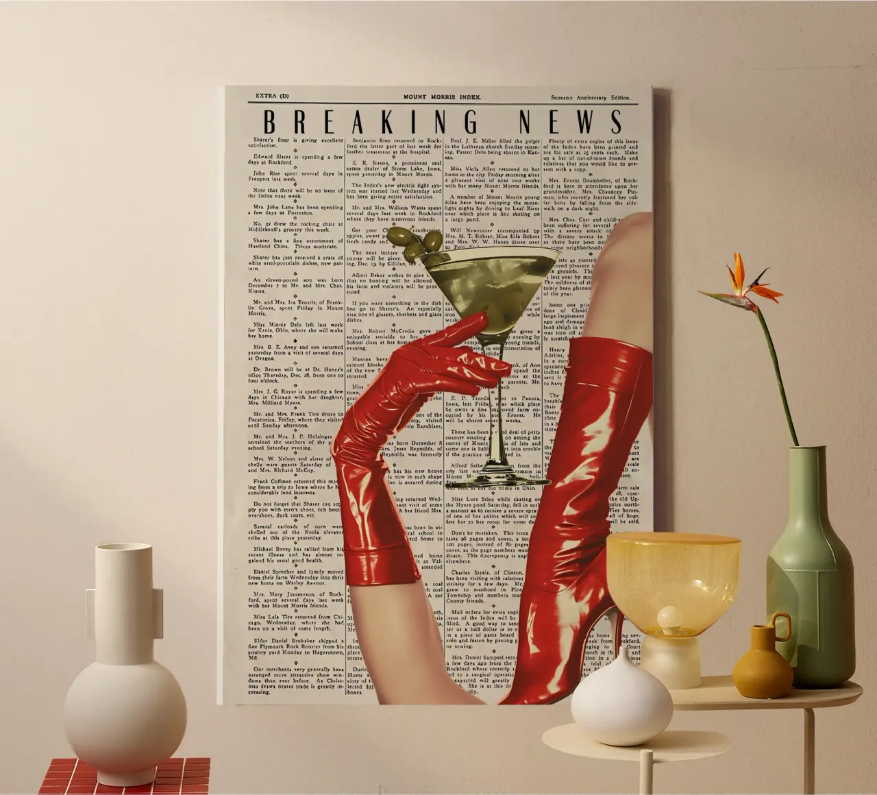 "Breaking News" Pop Art Femme Fatale - Red Heels & Olives canvas with Floater frame by NorwesClub