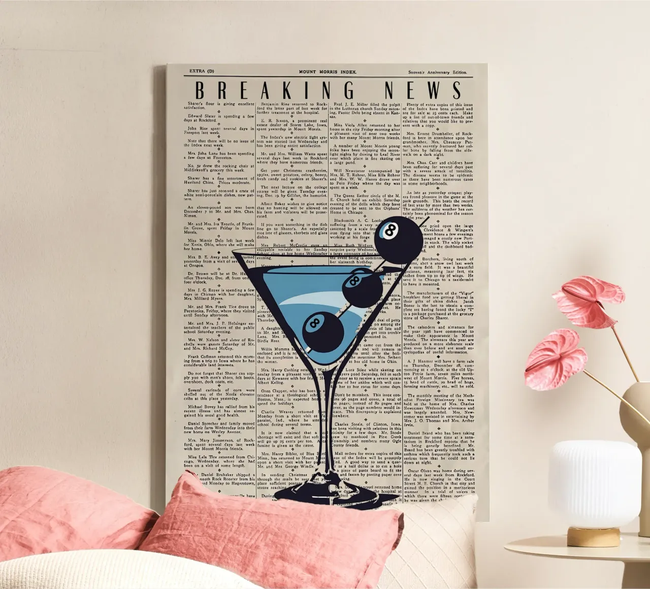 "Breaking News" Pop Art Cocktail - Mount Morris Index canvas with Floater frame by NorwesClub