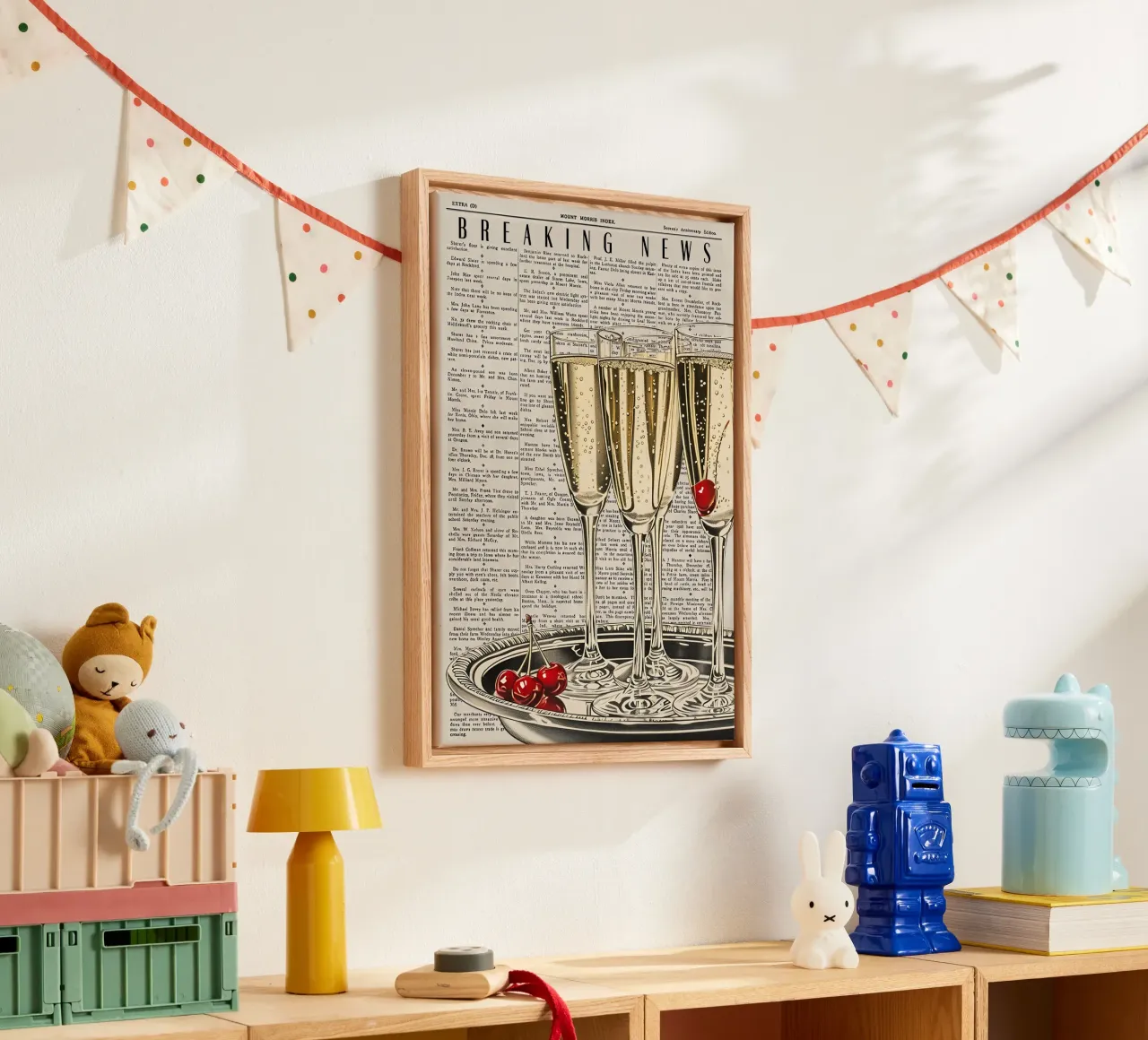 "Breaking News" Pop Art Champagne & Kersen - Viering canvas met Baklijst van NorwesClub