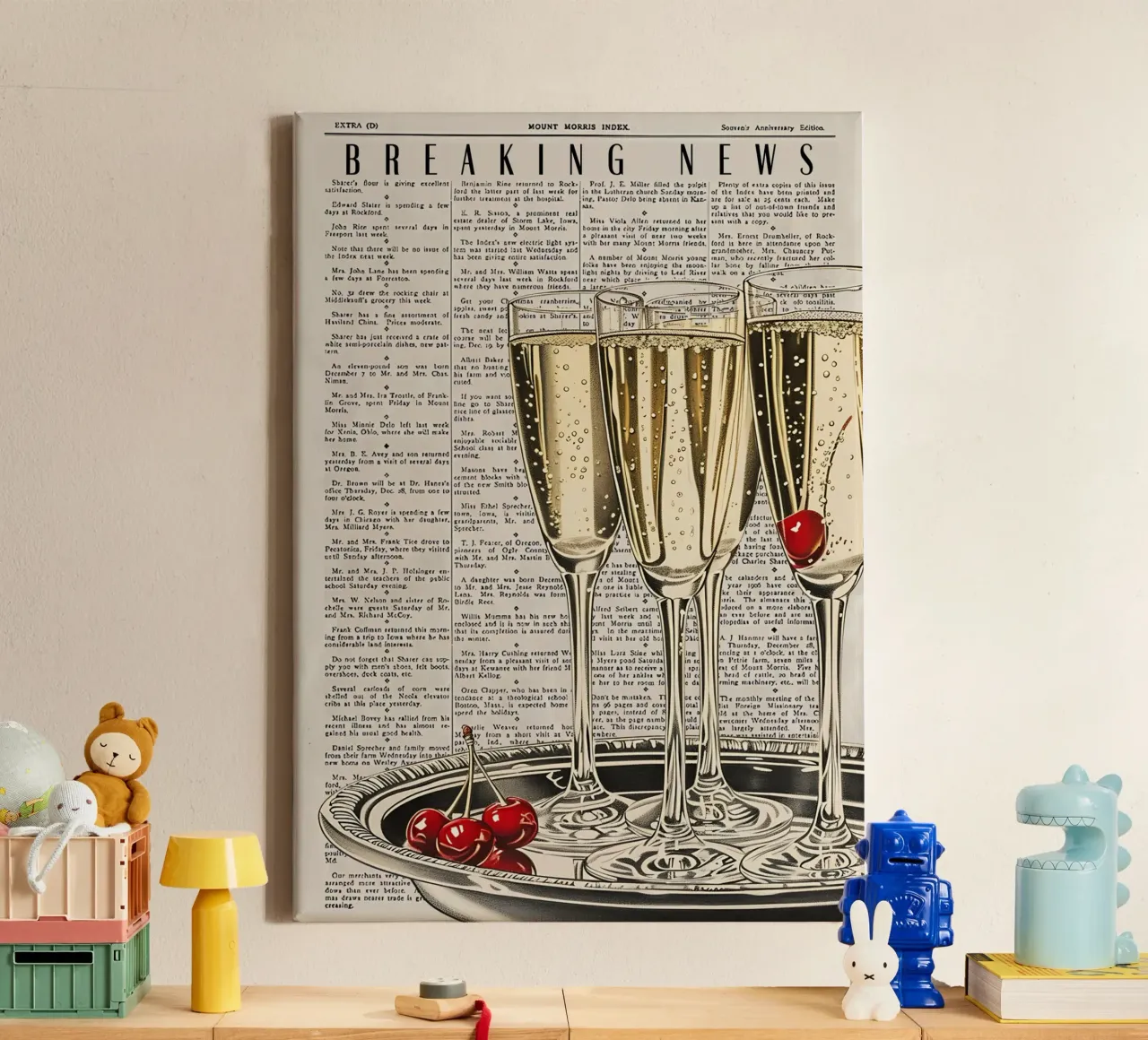 "Breaking News" Pop Art Champagne & Kersen - Viering canvas met Baklijst van NorwesClub