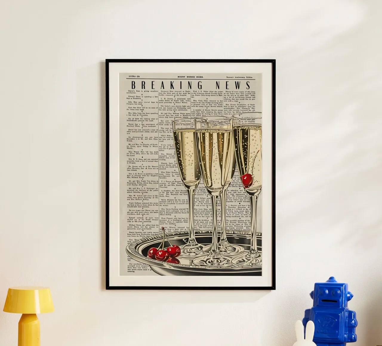 "Breaking News" Pop Art Champagne e ciliegie - Celebration poster da NorwesClub