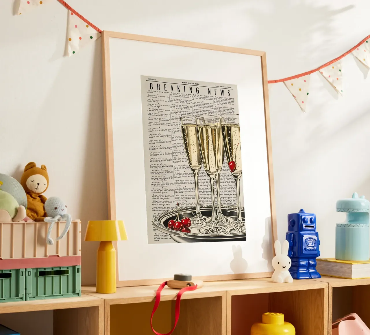 "Breaking News" Pop Art Champagne e ciliegie - Celebration poster da NorwesClub
