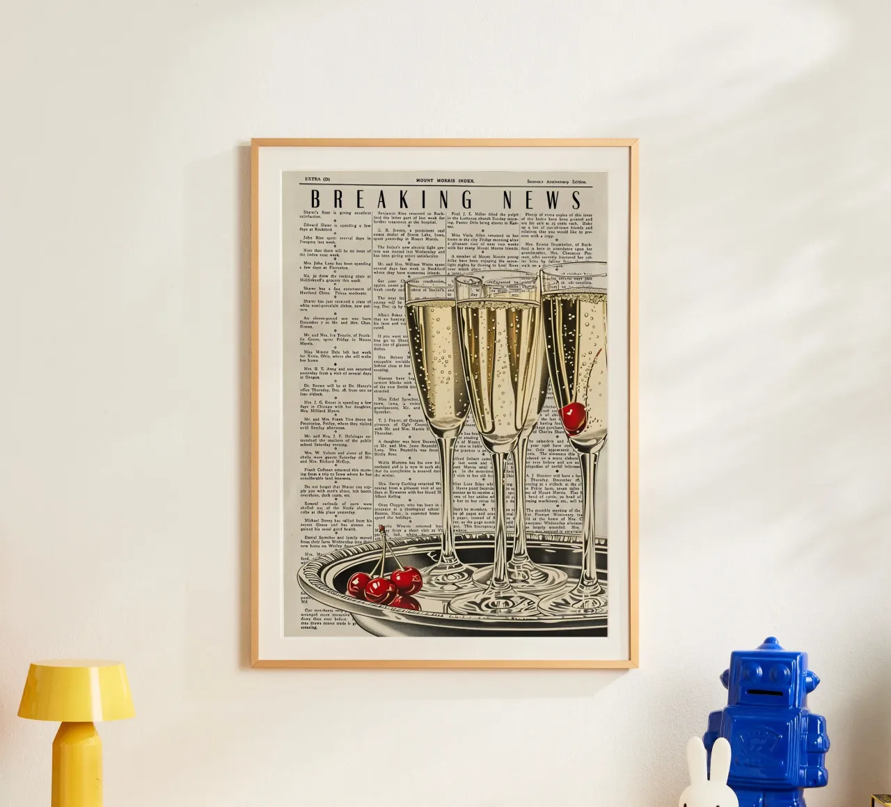 "Breaking News" Pop Art Champagne e ciliegie - Celebration poster da NorwesClub