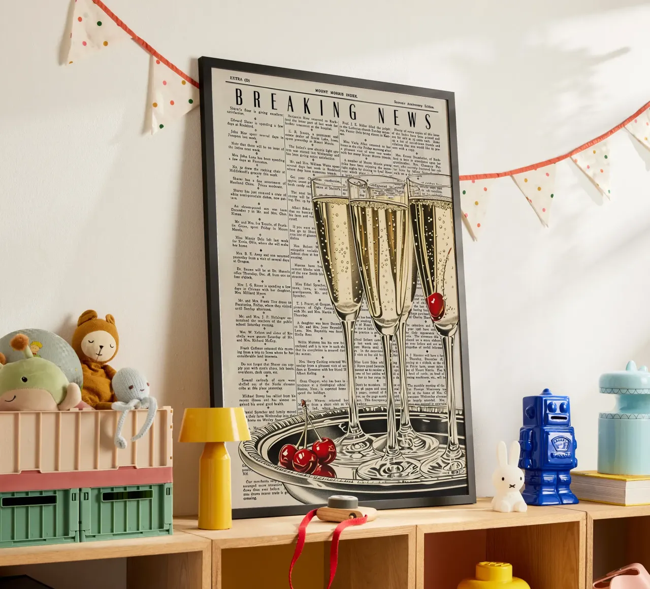 "Breaking News" Pop Art Champagne e ciliegie - Celebration poster da NorwesClub