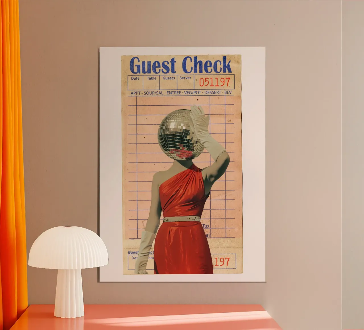 Donna con testa di palla da discoteca - Pop Art surreale su assegno per ospiti poster con telaio in alluminio da NorwesClub
