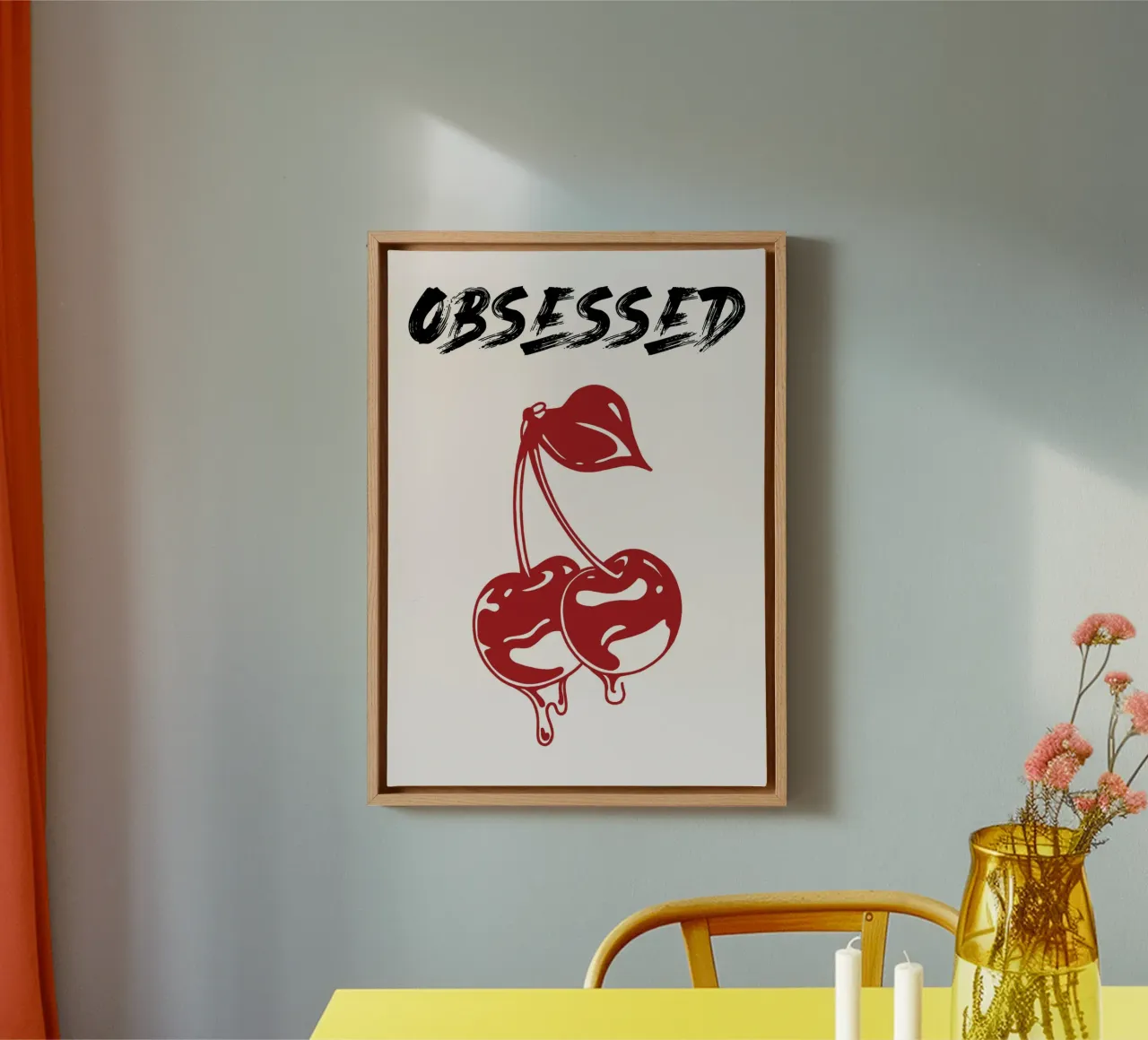 Ciliegie gocciolanti "ossessionate" - Tipografia pop art tela con Cornice a cassetta da NorwesClub
