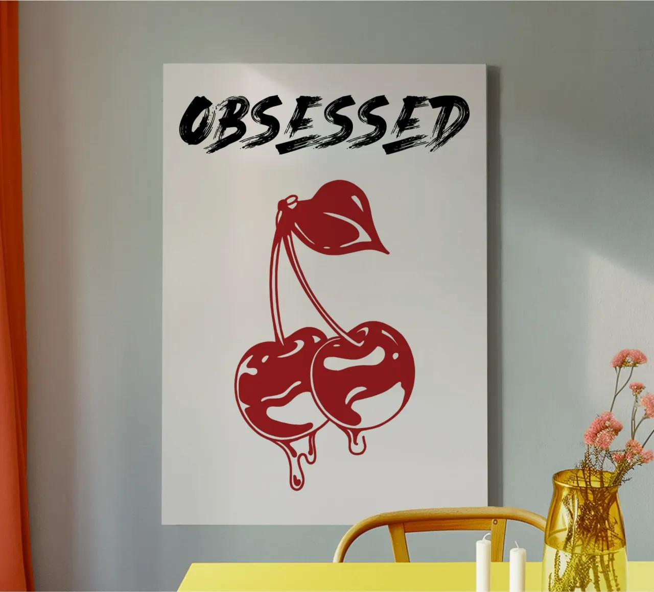 Ciliegie gocciolanti "ossessionate" - Tipografia pop art tela con Cornice a cassetta da NorwesClub