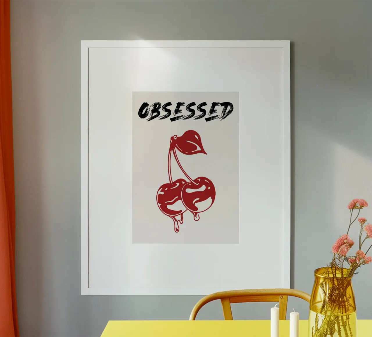 Ciliegie gocciolanti "ossessionate" - Tipografia pop art poster con telaio in alluminio da NorwesClub