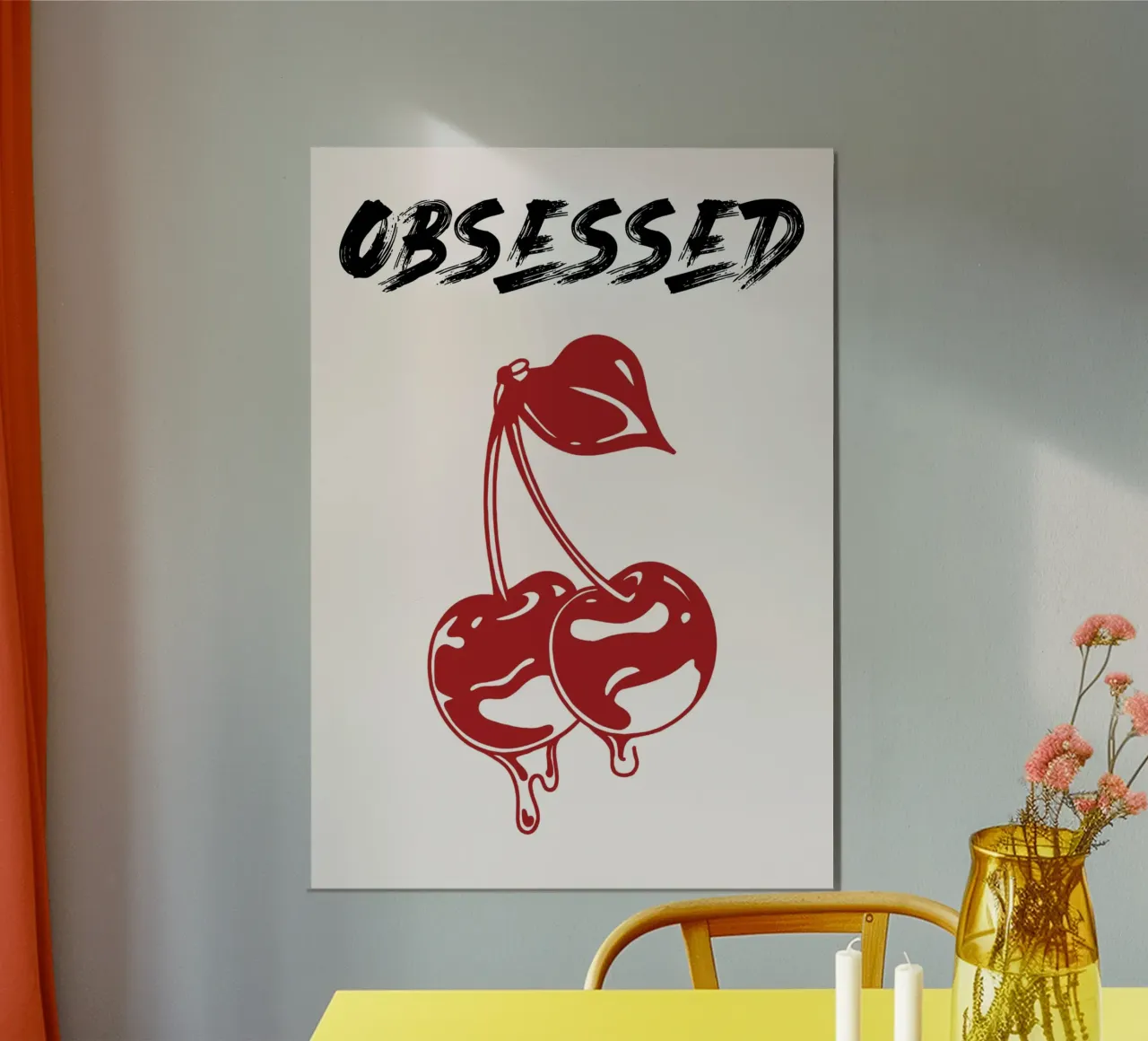Ciliegie gocciolanti "ossessionate" - Tipografia pop art poster con telaio in alluminio da NorwesClub