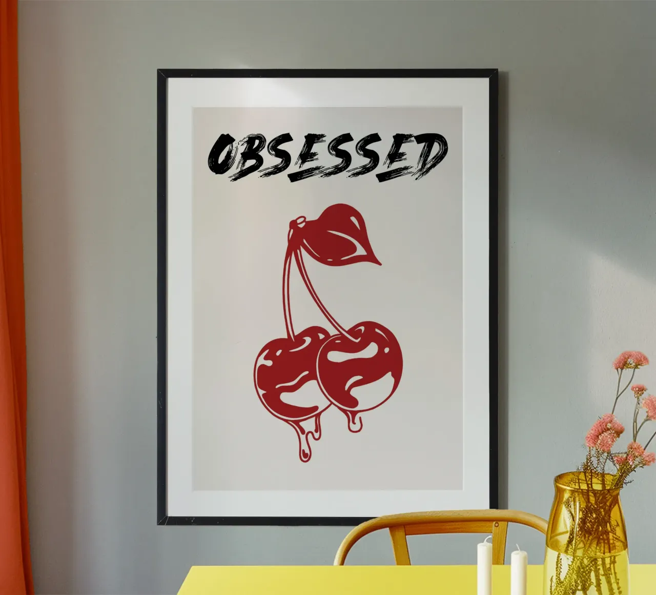 Ciliegie gocciolanti "ossessionate" - Tipografia pop art poster con telaio in alluminio da NorwesClub