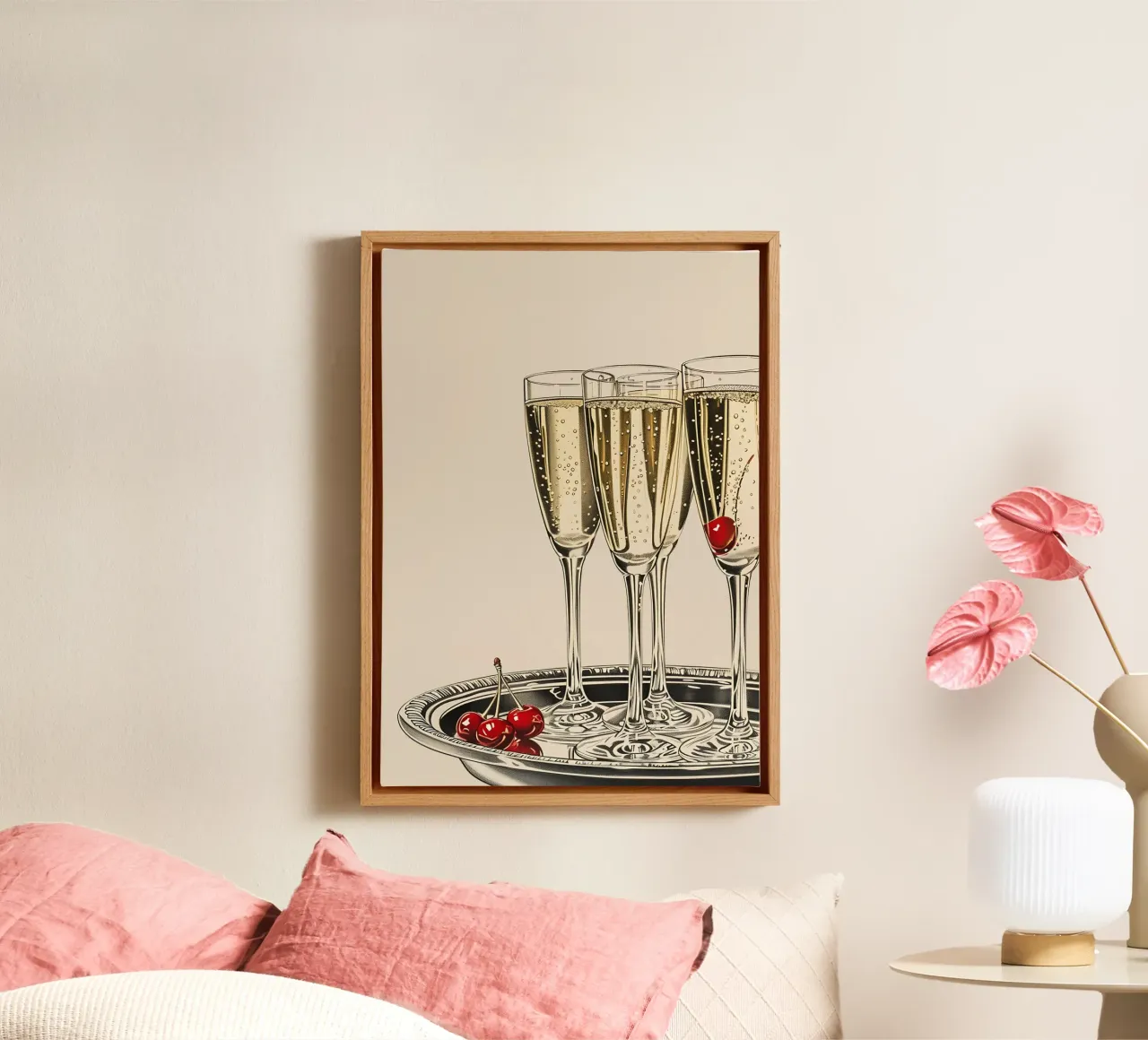 Champagner & Kirschen - Elegante Kunst zum Feiern Leinwand mit Schattenfugenrahmen von NorwesClub