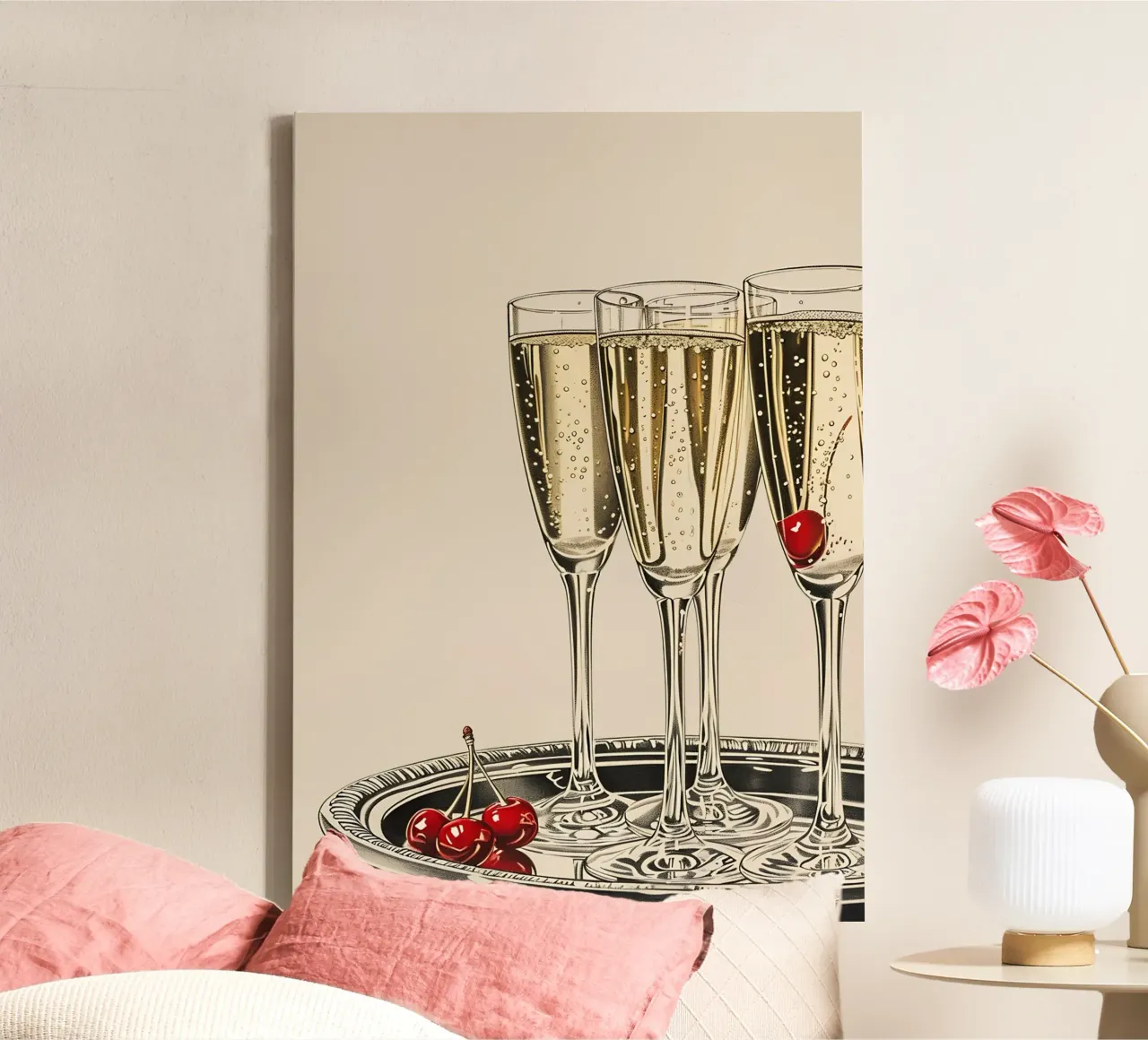 Champagner & Kirschen - Elegante Kunst zum Feiern Leinwand mit Schattenfugenrahmen von NorwesClub