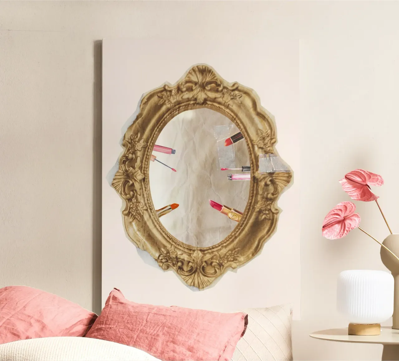 Natura morta dello specchio glamour - Stampa pop art rossetto e bellezza tela con Cornice a cassetta da NorwesClub
