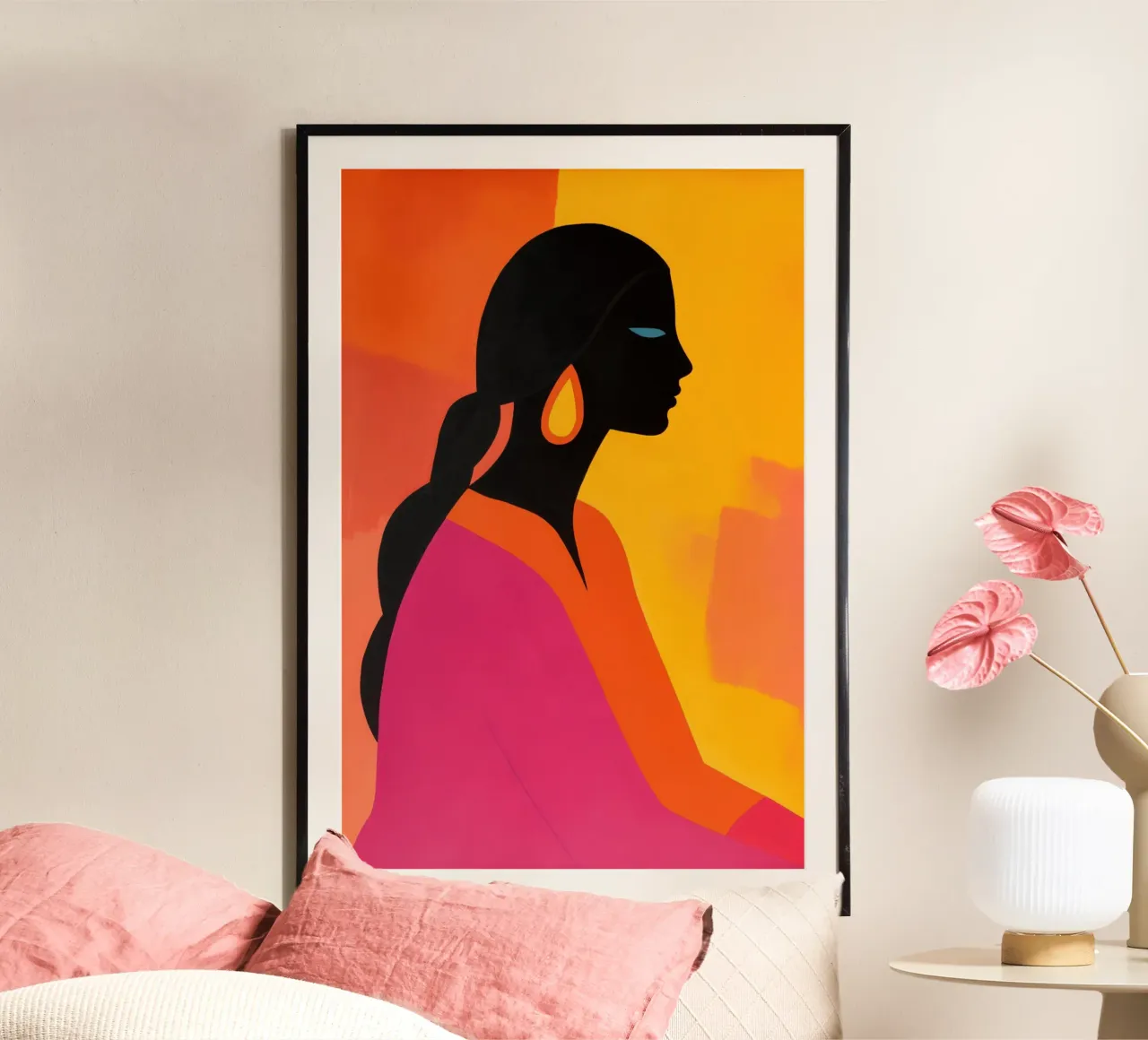 Elegante silhouette femminile nei colori del tramonto poster con telaio in plastica da Autofocus