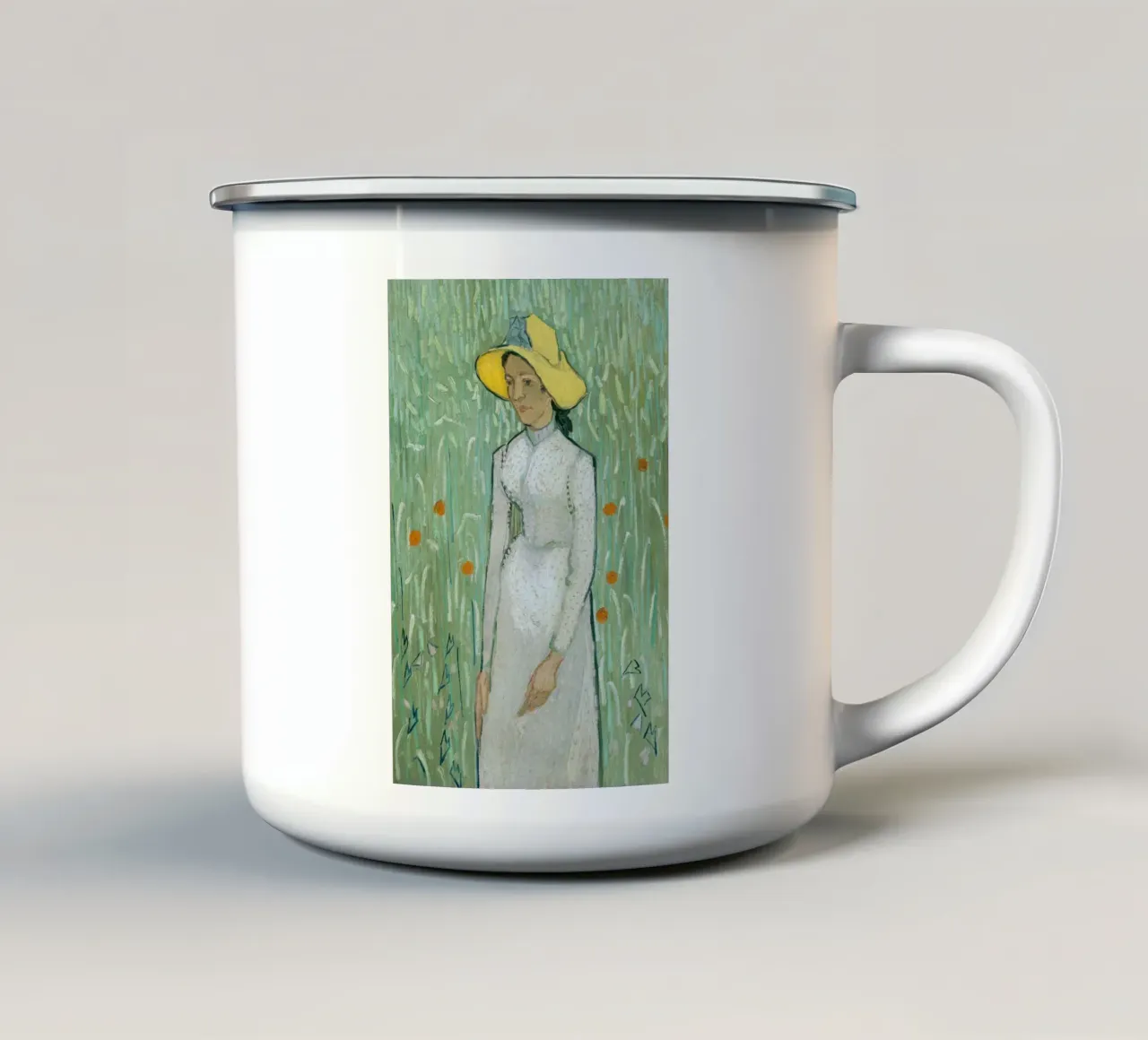donna in abito bianco tazza in smalto da cloud shop