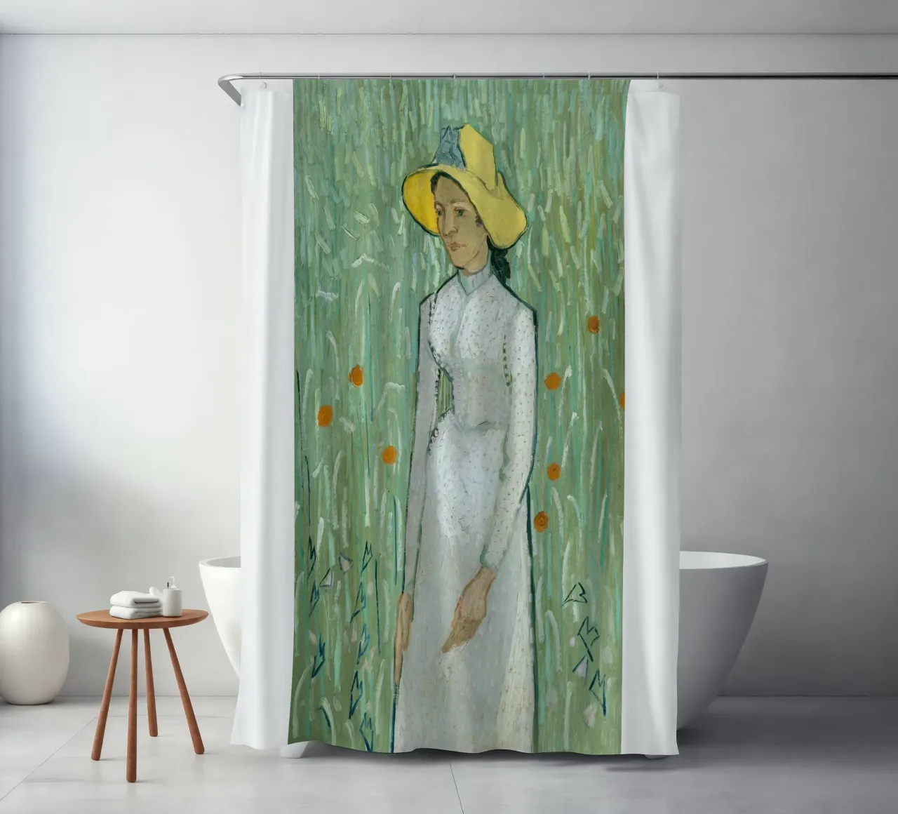 donna in abito bianco tenda da doccia da cloud shop
