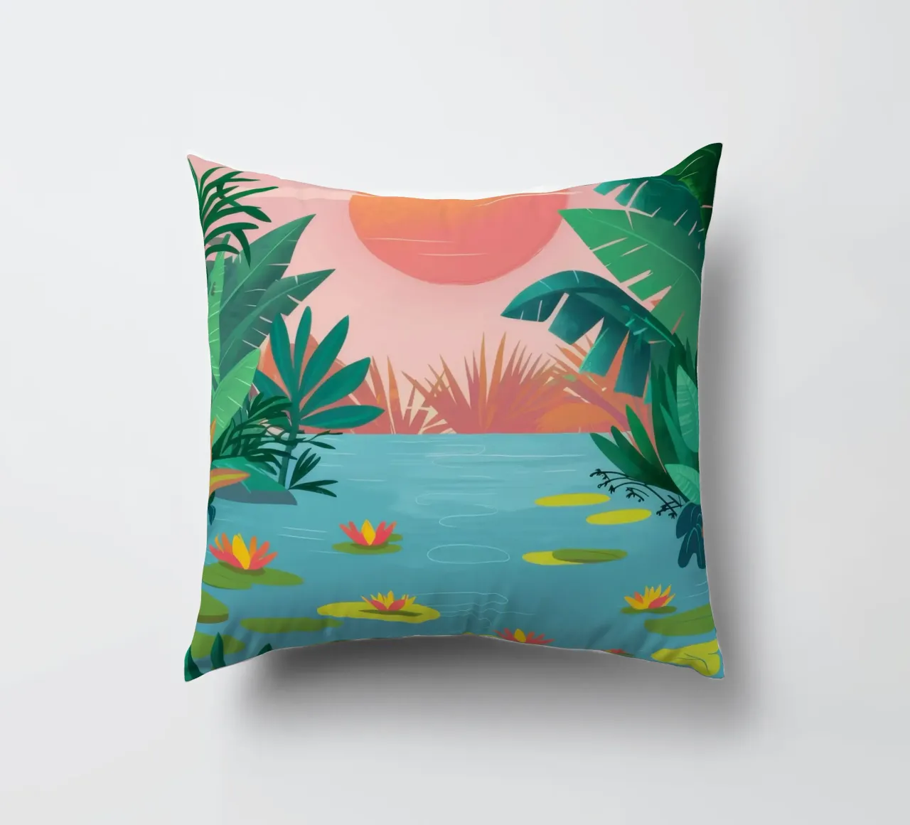 Fiume Jungle al tramonto cuscino da Prism Ritual
