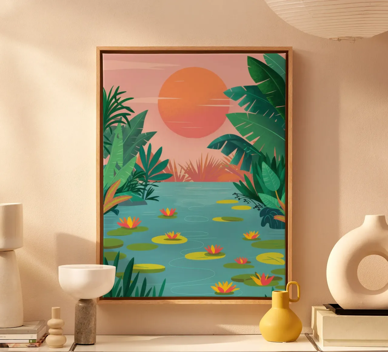 Zonsondergang Jungle Rivier canvas met Baklijst van Prism Ritual
