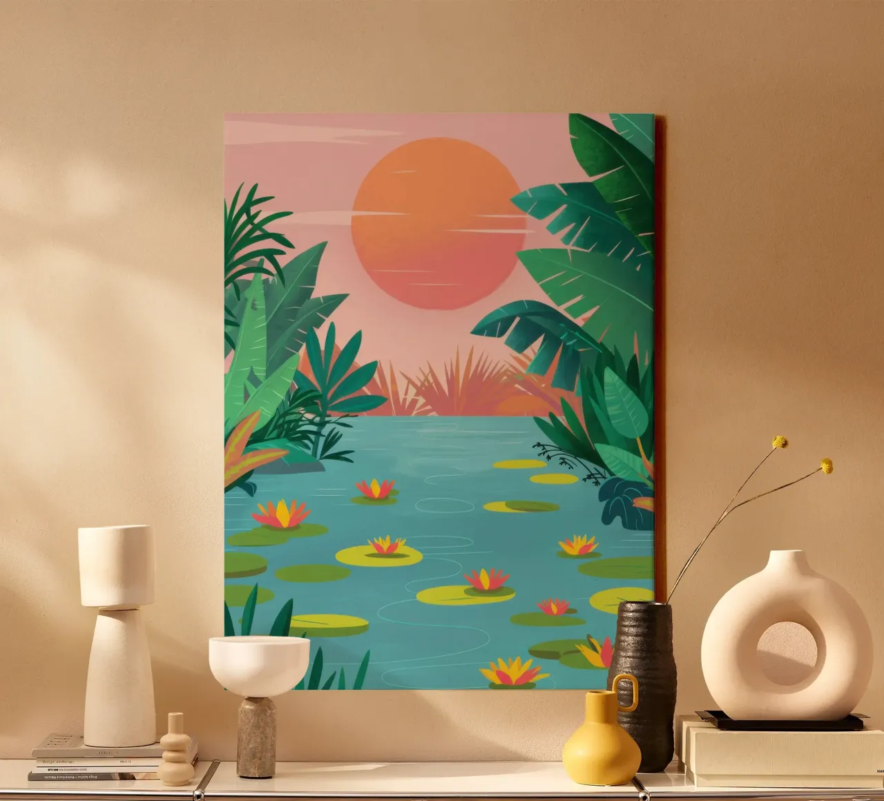 Zonsondergang Jungle Rivier canvas met Baklijst van Prism Ritual