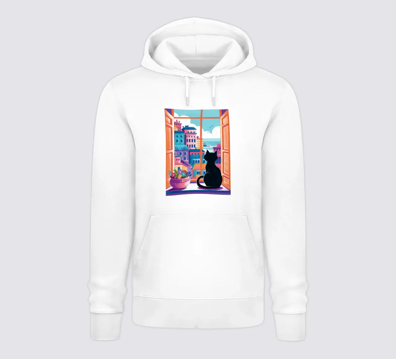 Cat Balcony View sudadera con capucha de Flock Reverie