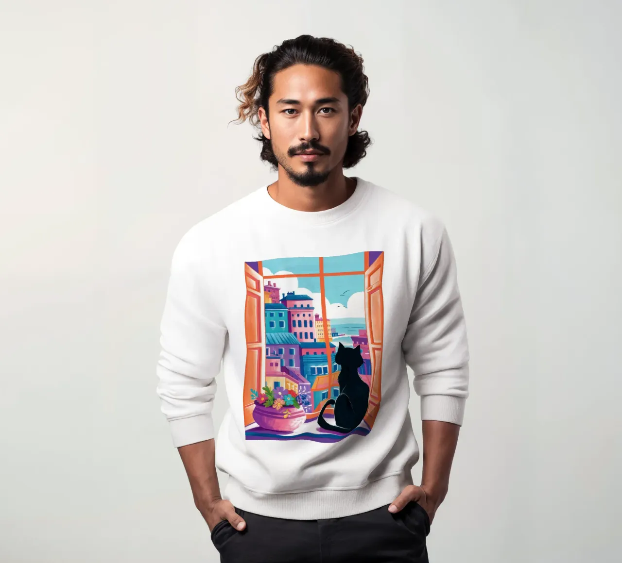 Cat Balcony View sudadera de Flock Reverie