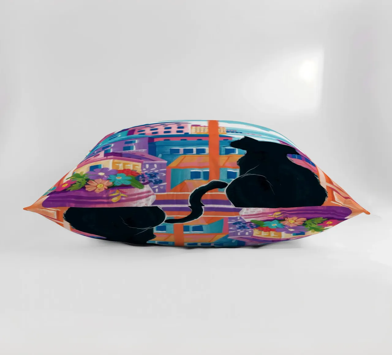 Cat Balcony View decorative cushion by Flock Reverie