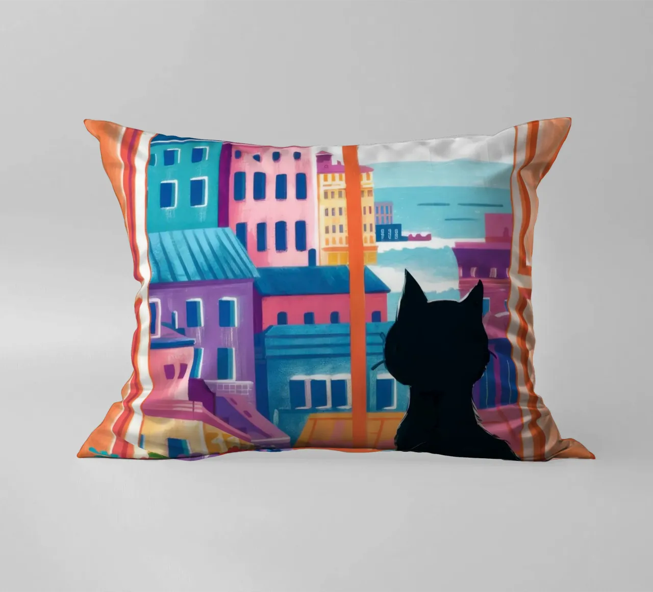 Cat Balcony View decorative cushion by Flock Reverie