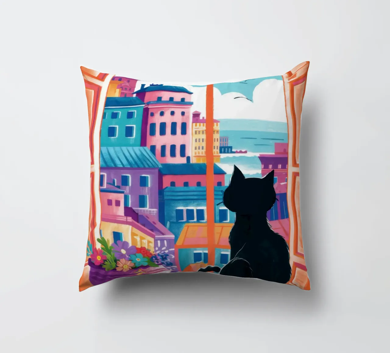 Cat Balcony View decorative cushion by Flock Reverie