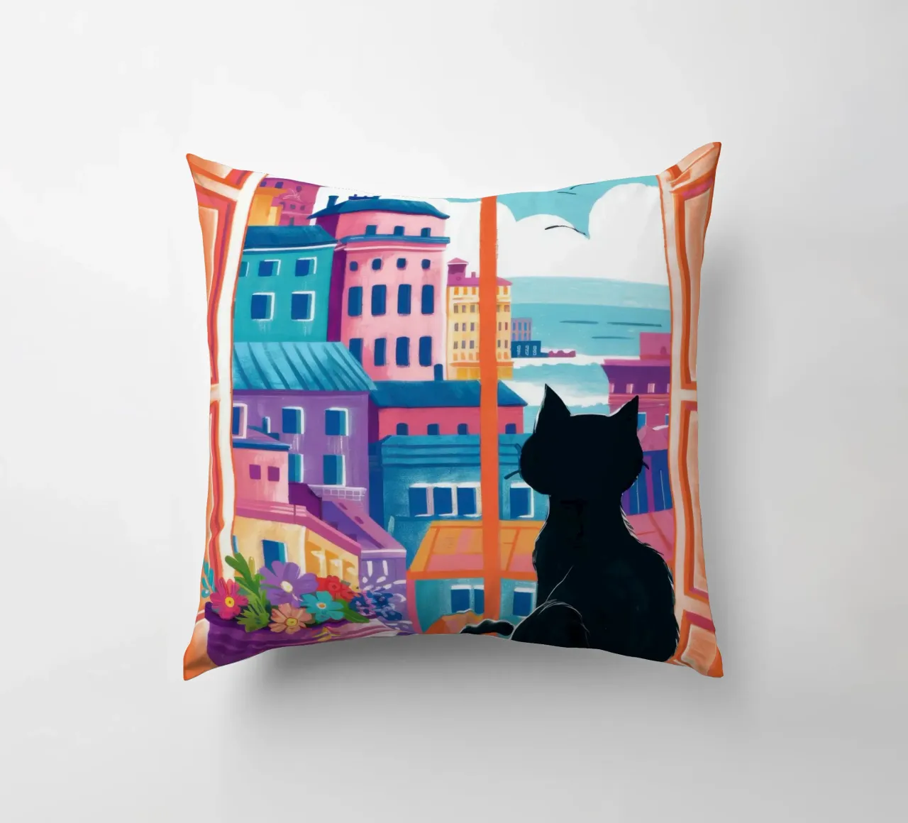 Cat Balcony View decorative cushion by Flock Reverie