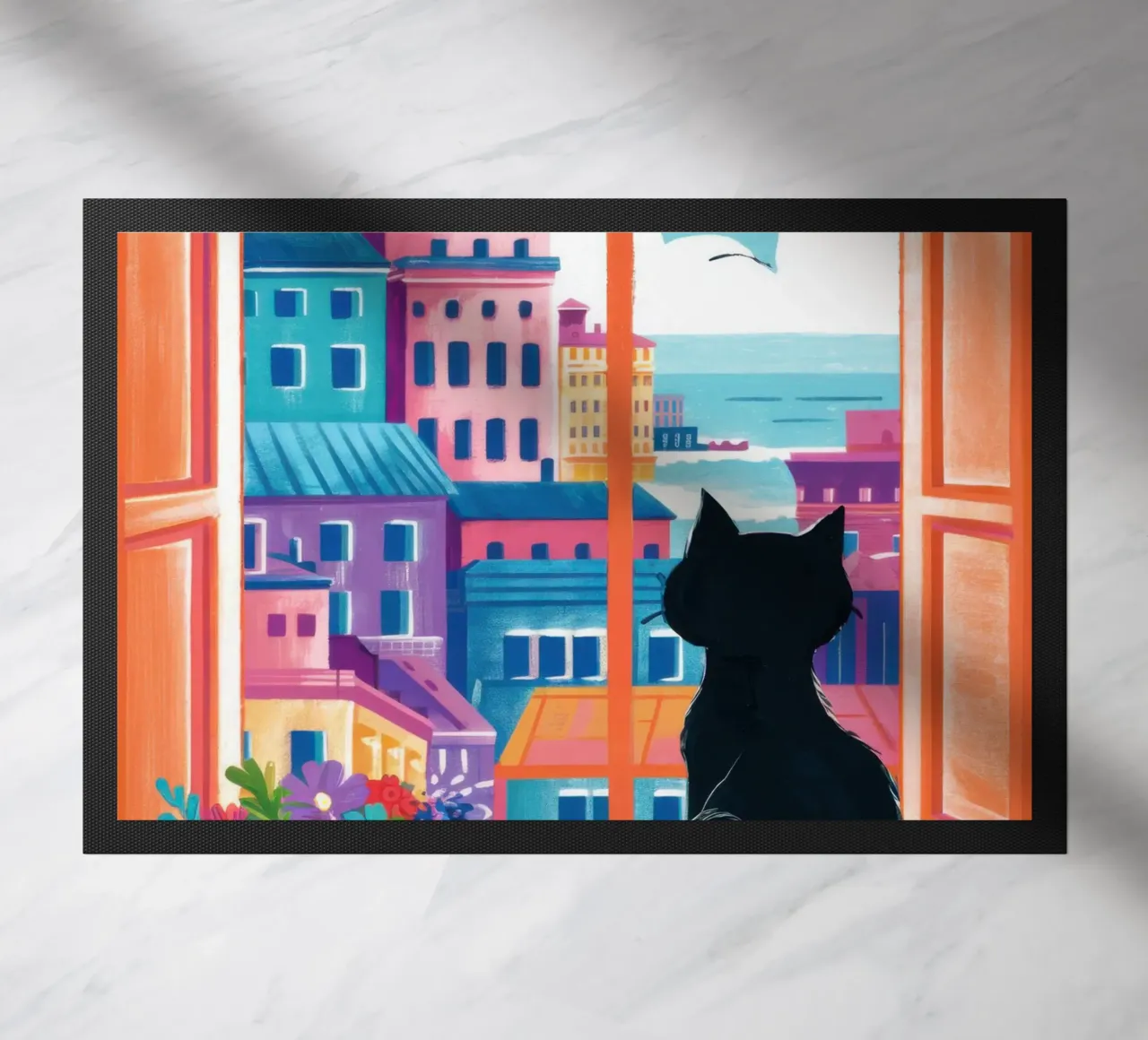 Cat Balcony View doormat by Flock Reverie