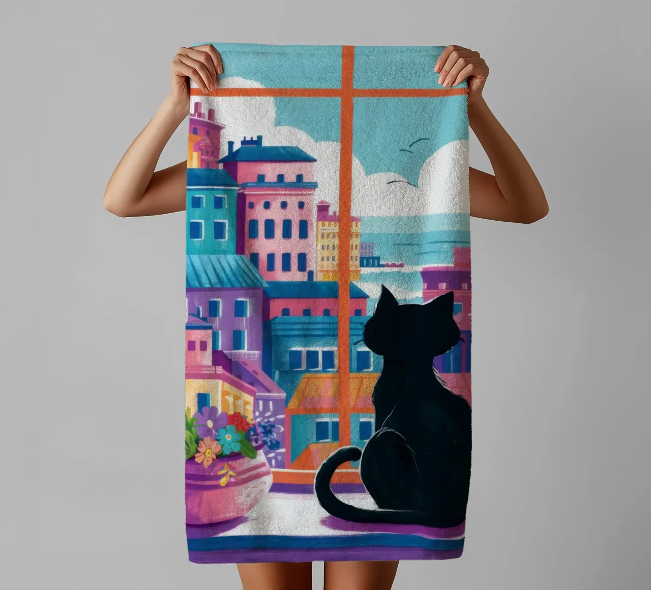 Vue sur le balcon du chat serviette de bain de Flock Reverie