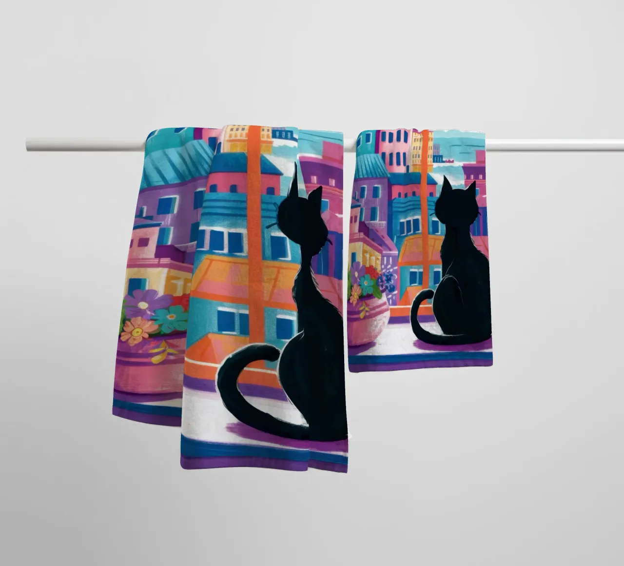 Vue sur le balcon du chat serviette de bain de Flock Reverie