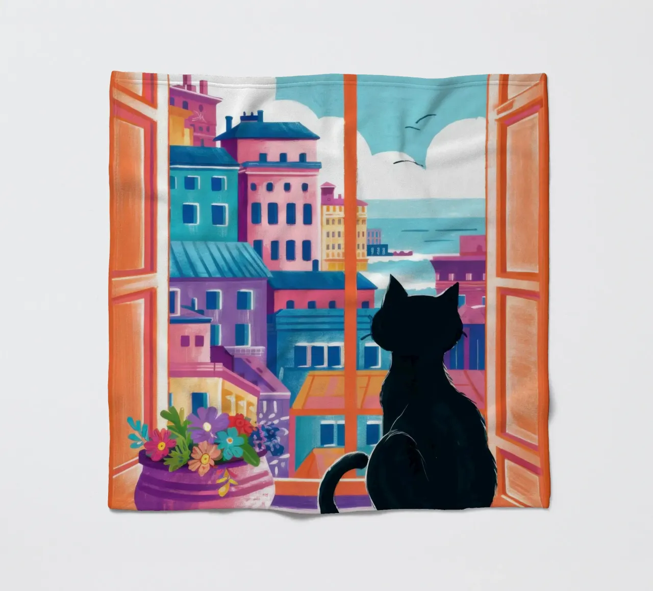 Cat Balcony View fleece blanket by Flock Reverie