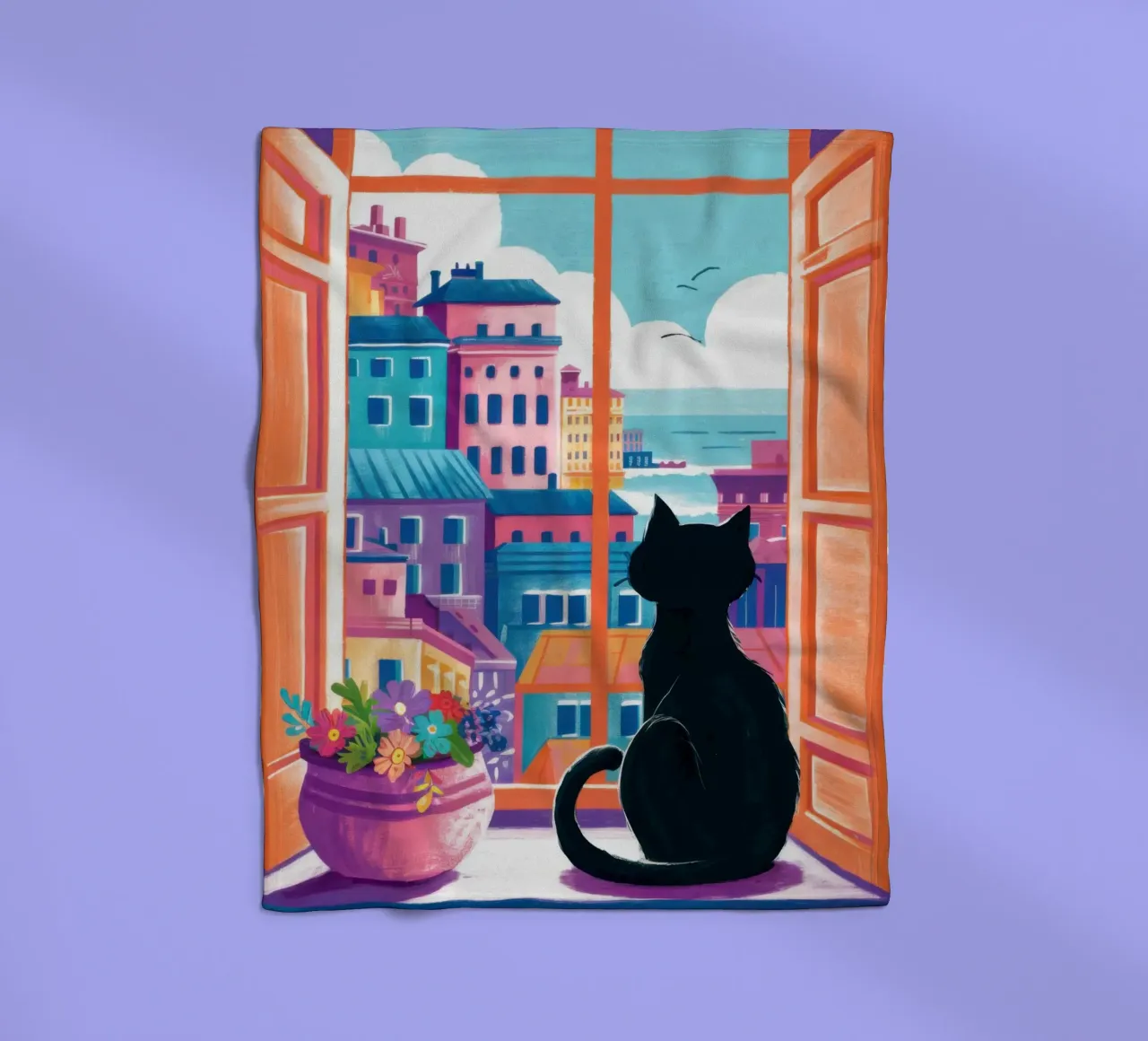 Cat Balcony View fleece blanket by Flock Reverie
