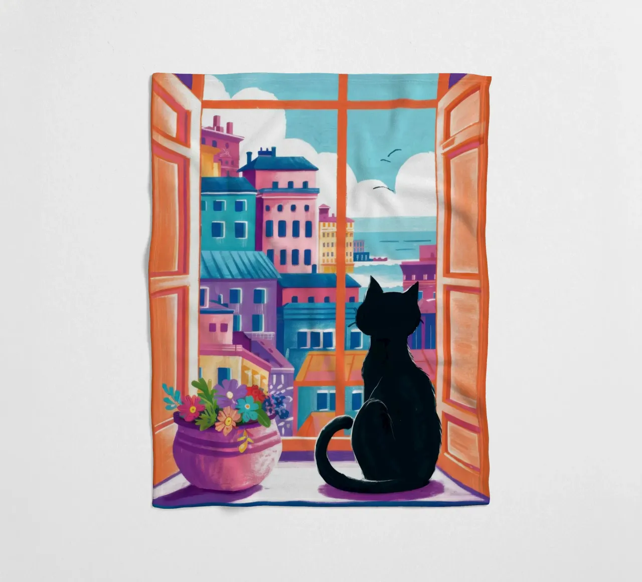 Cat Balcony View fleece blanket by Flock Reverie