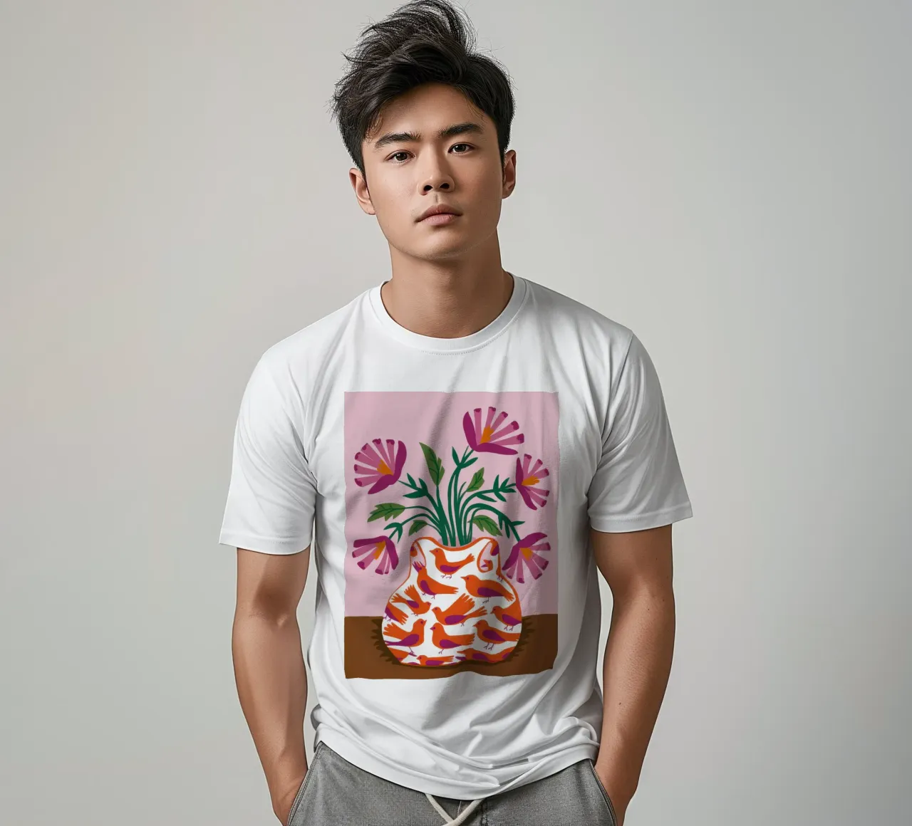 Mohnblumen in einer gemusterten Vase T-Shirt von Flock Reverie