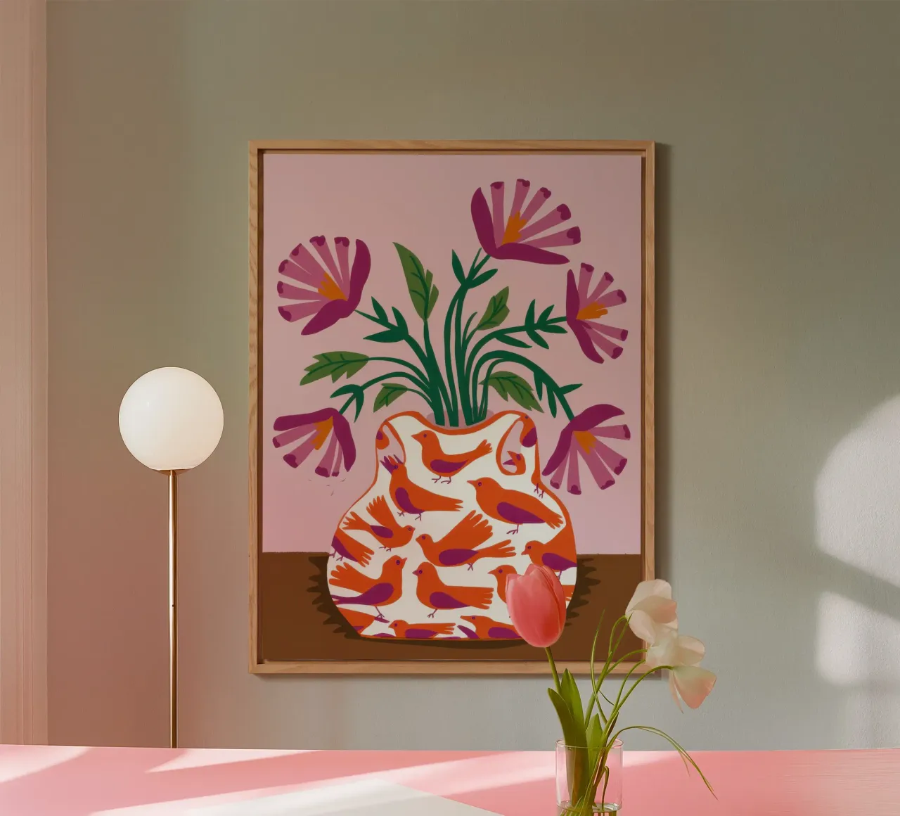 Mohnblumen in einer gemusterten Vase Alu-Dibond von Flock Reverie