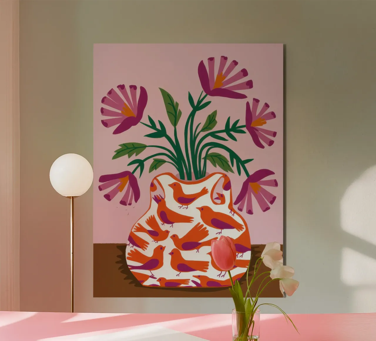 Mohnblumen in einer gemusterten Vase Alu-Dibond von Flock Reverie