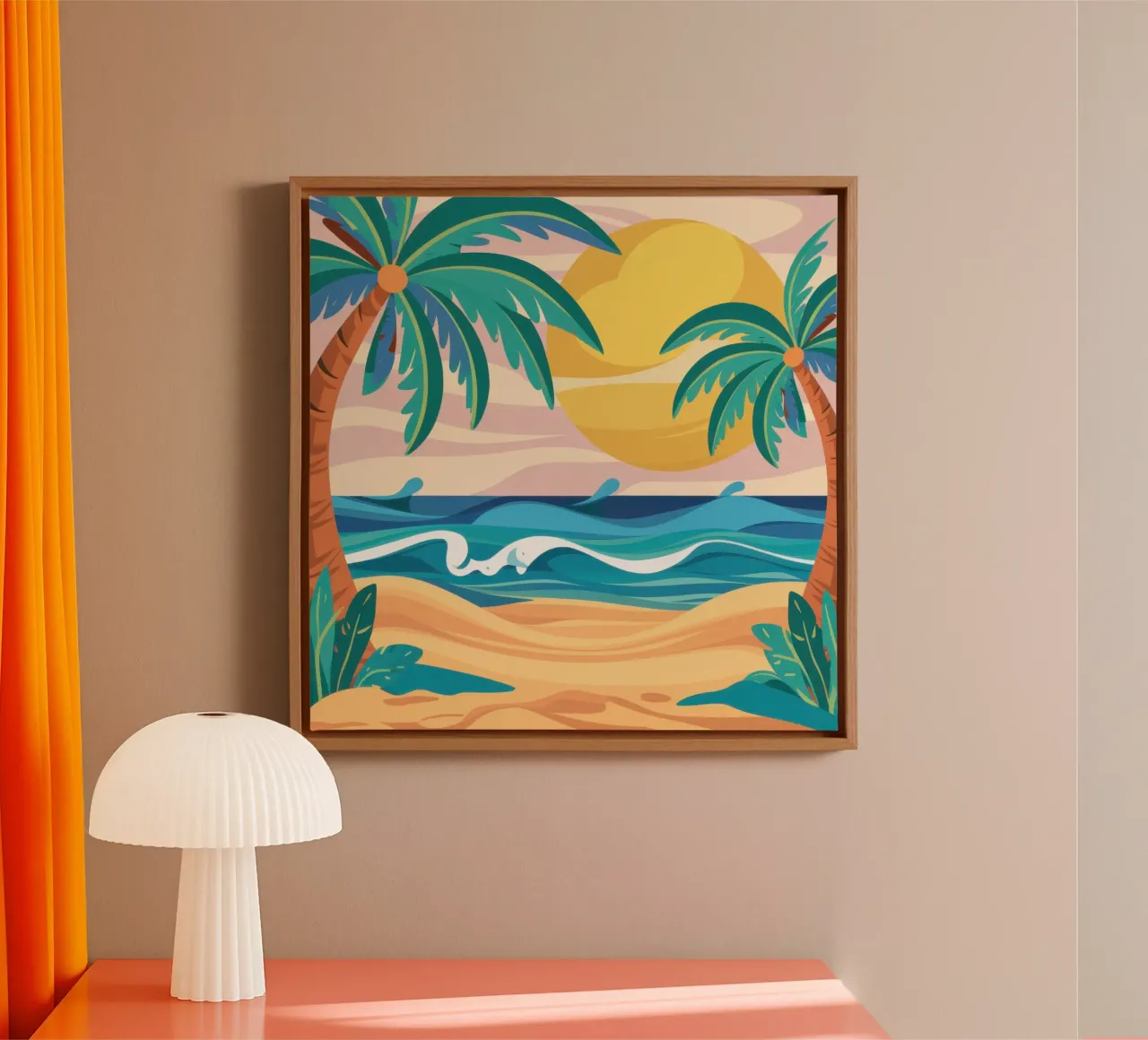 Gestileerd strand met zonsondergang canvas met Baklijst van Flock Reverie