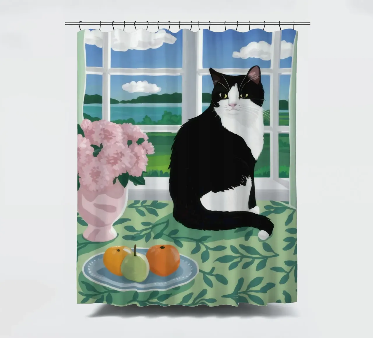 Feline Window Watcher shower curtain by Veil Maya