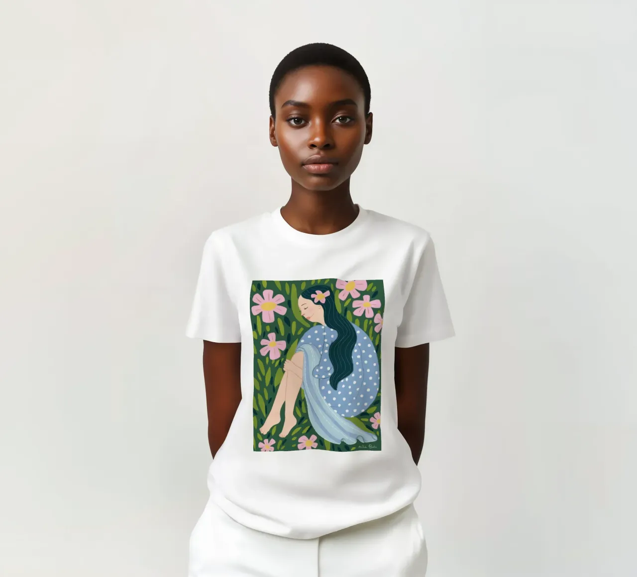 Ragazza in un campo di margherite t-shirt da Flock Reverie