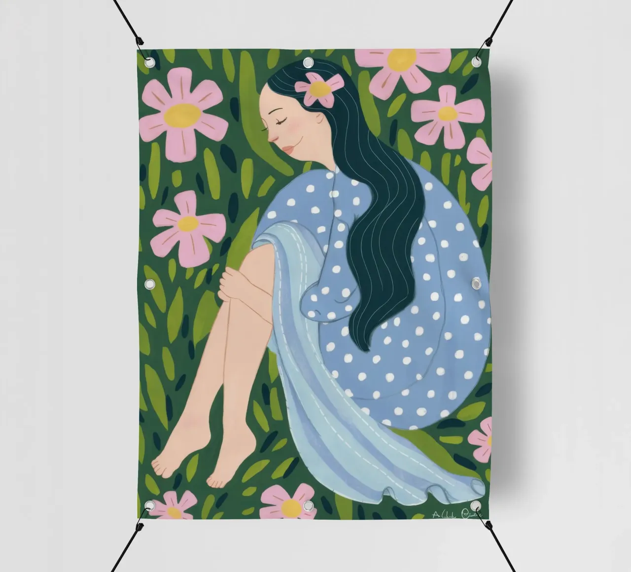 Ragazza in un campo di margherite telo in pvc da Flock Reverie