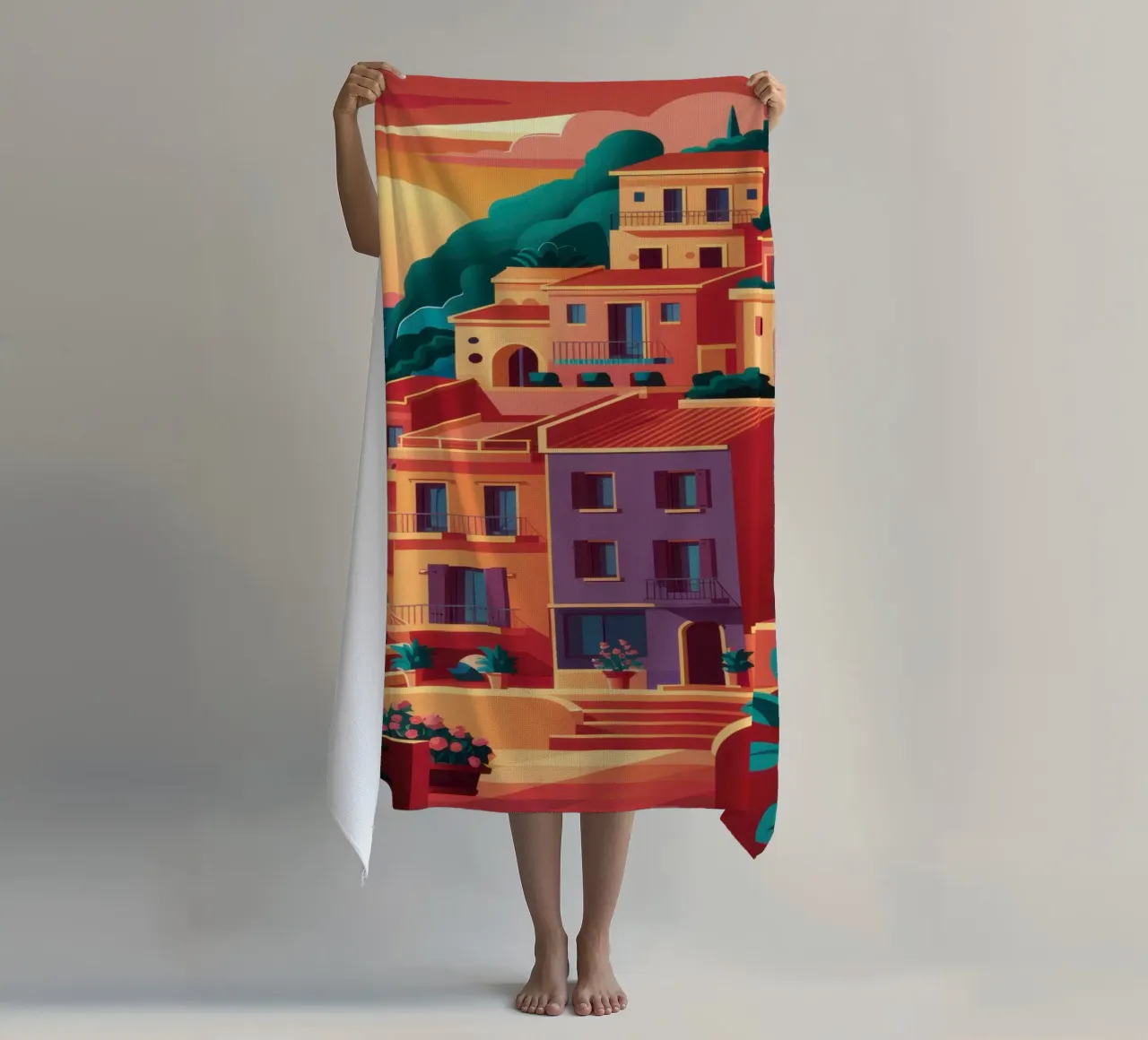 Coastal Chromatic Village beach towel by Prism Ritual