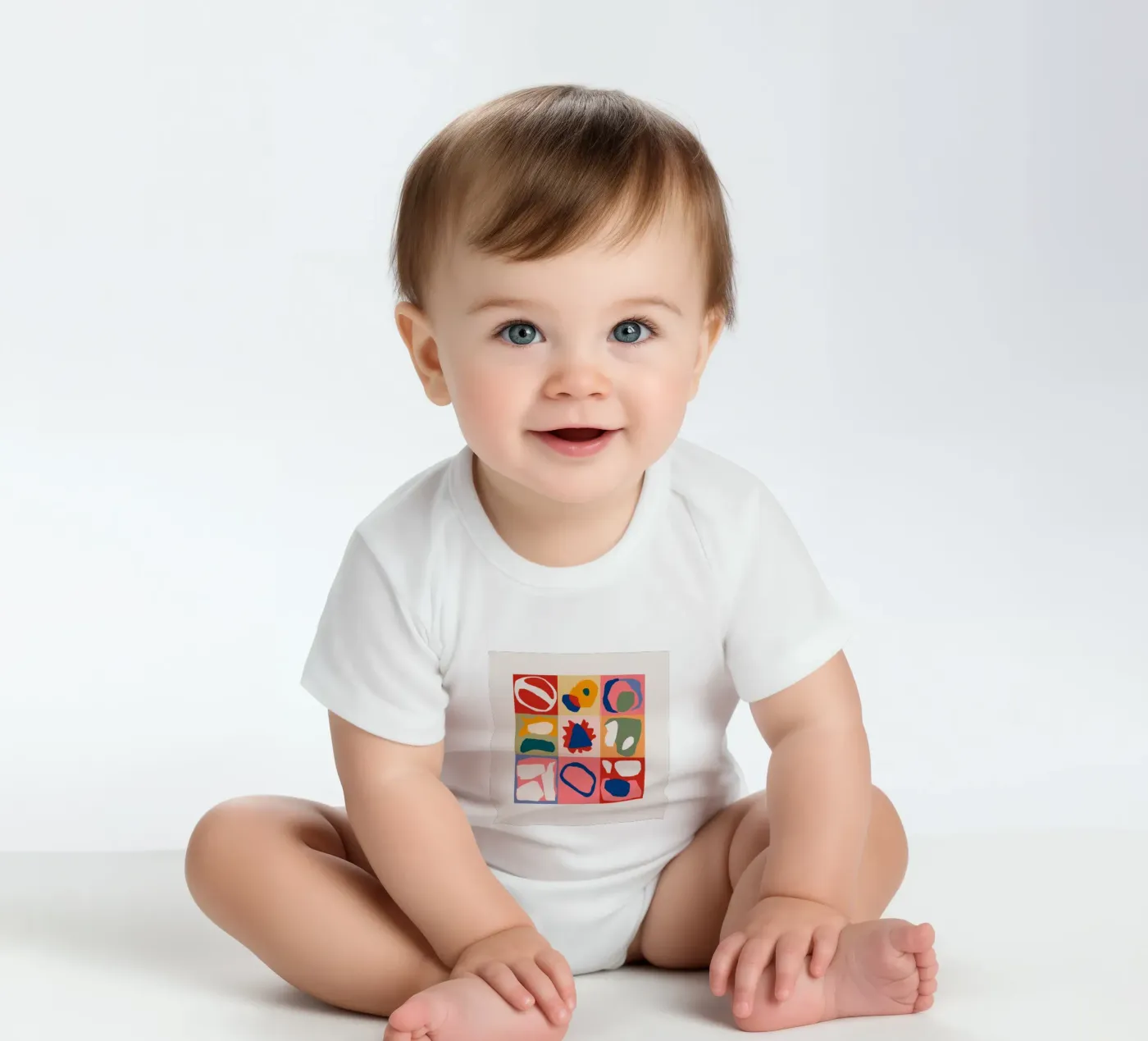 Playful Shape Patchwork short-sleeve baby romper by Prism Ritual